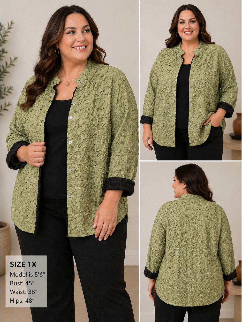 She's All That Textured Green and Black Button-Up Jacket XL